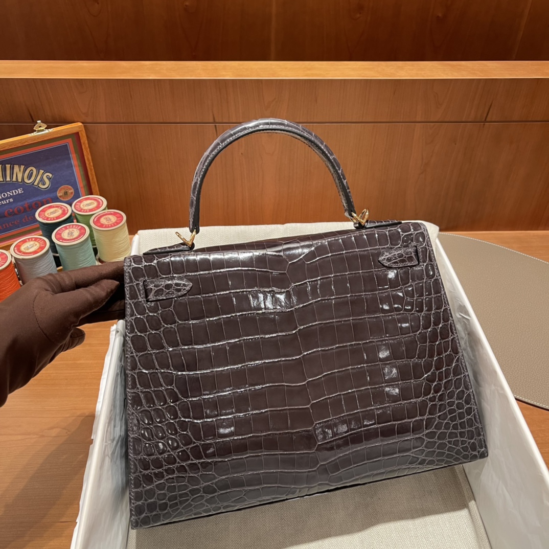 에르메스 켈리백32 브라운 금장 샤이니 악어가죽